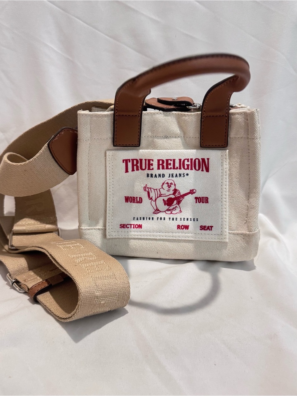 True Religion Cream Canvas Mini Tote with Brown Leather Handles